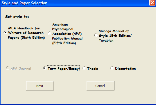 Easy Bibliography's style-setting menu